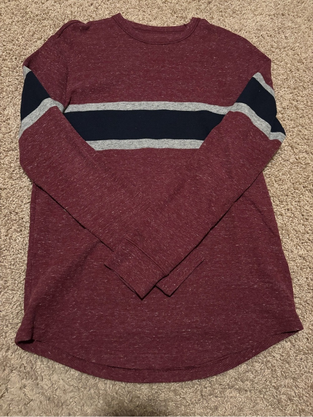 American eagle Maroon Crewneck thermal with Navy and Gray Stripes